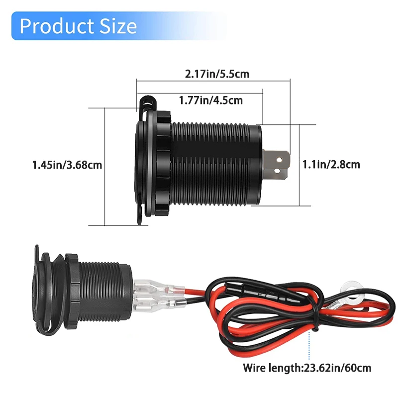 Gniazdo zapalniczki samochodowej 12V-24V, wodoodporne, do łodzi, jachtu, motocykla, ciężarówki, kampera, ATV, adapter gniazda zasilania, bez kabla.