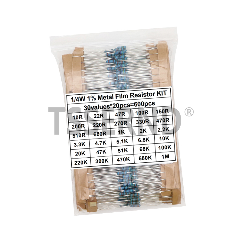 300 Uds 600 Uds 1/4W kit de resistencias de película metálica paquete de resistencias de 30 valores, resistencia de 10 ohm ~ 1M 1% Juego de resistencias