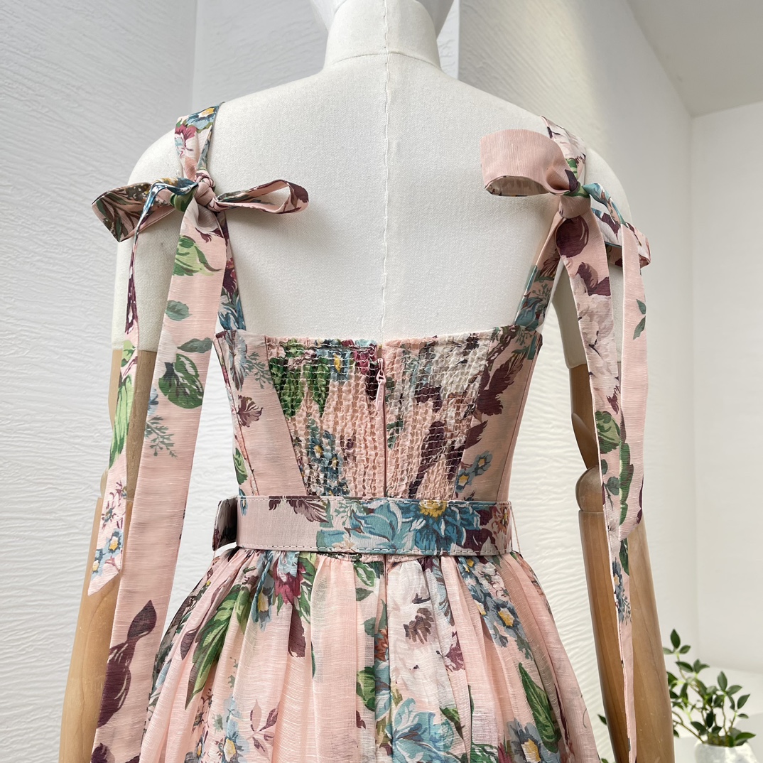 Gaun Midi Spaghetti Wanita Bertali Shirred Lipatan Tanpa Tali Tanpa Lengan Kualitas Tinggi Sutra Linen Cetak Bunga Merah Muda untuk Liburan