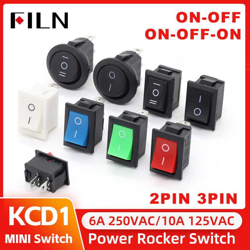 FILN KCD1-101 MRS-101 2 broches on Off Mini interrupteur à bascule 21x15mm 6A 250VAC 10A 125VAC encliquetable pour une Installation facile
