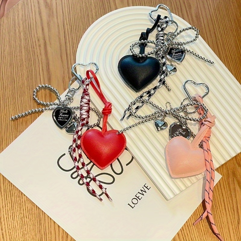 Trendy Leather Heart Bow Keychain Delicate Beaded Keyring Car Key Holder Bag Pendant Decoration For Girls Gift