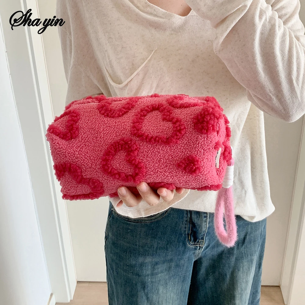 Bolsas de maquillaje de felpa con asa, bolsa de almacenamiento de cosméticos de viaje suave, organizador portátil con estampado romántico, estuche para lápices, bonita bolsa de mano