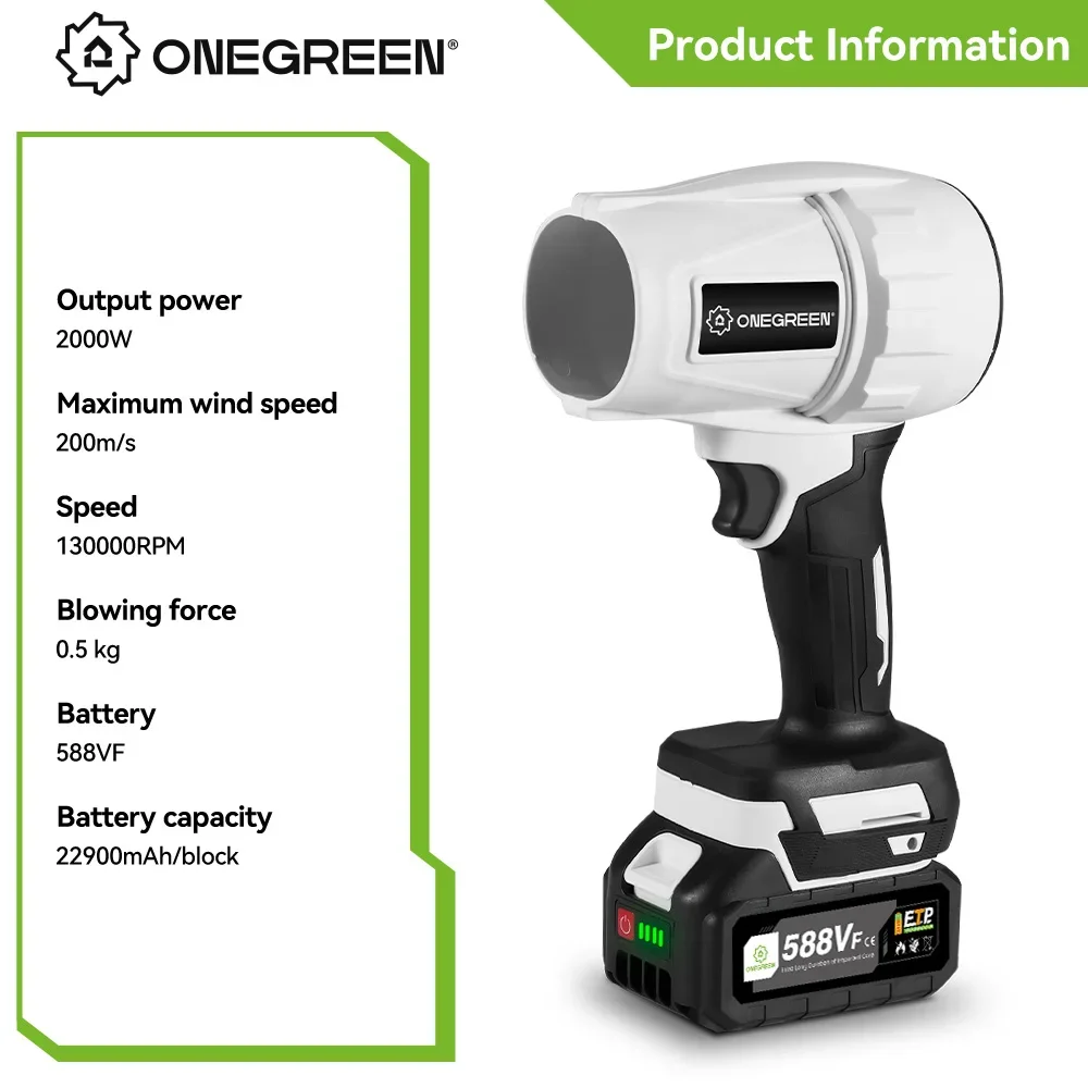 ONEGREEN 2000W Electric Turbo Blower Jet Fan 200M/S Handheld Air Blower Violent Blowing Tool for Makita 18V Battery