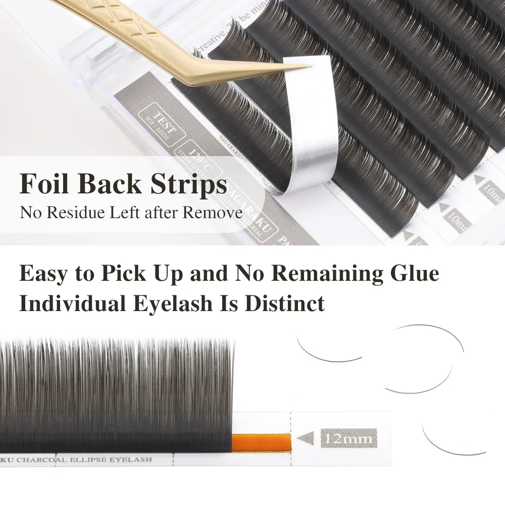 NAGARAKU แบน Ellipse Eyelash แยกเคล็ดลับ Matte สีเทาสีดํา Super Soft Gentle Natural Eyelash Extension แบนรูปร่าง Lashes