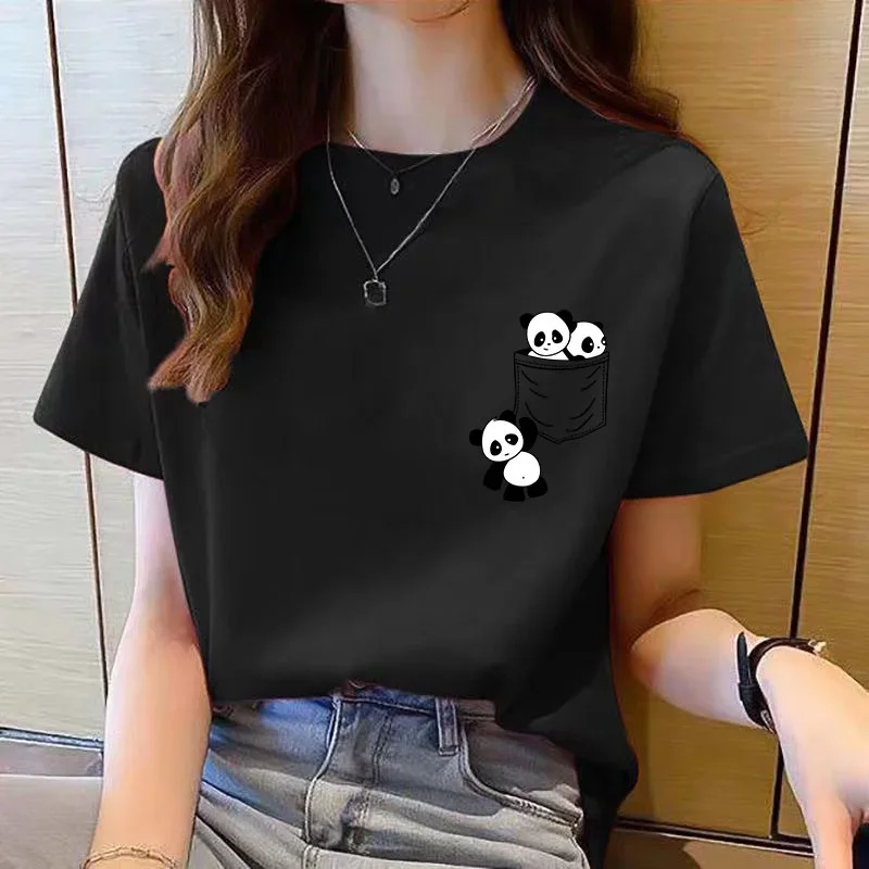 ผู้หญิงแขนสั้นฤดูร้อนใหม่กระเป๋า PANDA การ์ตูนพิมพ์เสื้อยืดเกาหลีแฟชั่นผู้หญิงเสื้อหลวมรอบคอ T เสื้อผู้หญิง
