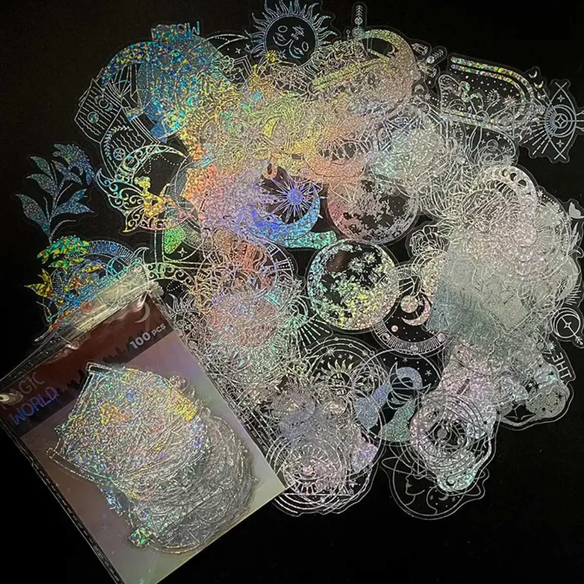 100pcs Magic PET Laser Flash Stickers  World Butterfly Blooming Camellia Flowers Creative Retro Transparent Waterproof Stickers