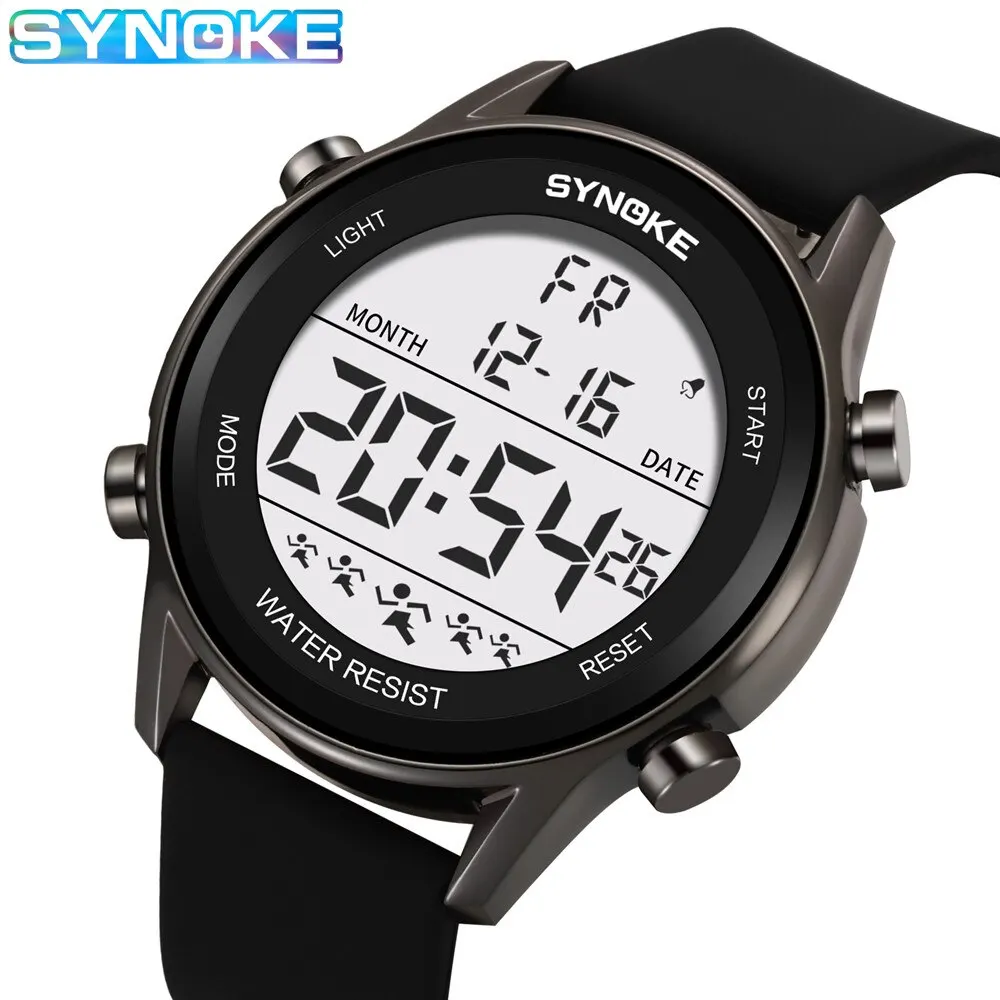 Synoke Mannen Buitensporten Multifunctionele Waterdichte Groot Scherm Display Lichtgevende Digitale Led Voor Mannen Mode Siliconen Horloge