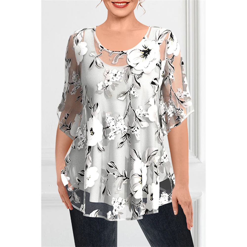 Plus size chic witte chiffon doorzichtige bloemenprint tweedelige blouse met halve mouwen voor dames 2025