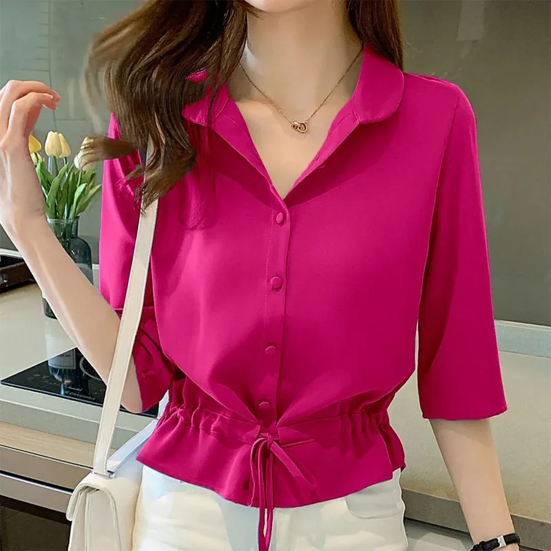 Phụ Nữ Mùa Hè Tất Cả Trận Đấu Chắc Chắn Cổ Bẻ Nửa Tay Áo Sơ Mi Voan Thời Trang Shirring Điện Đơn áo Kiểu Nữ