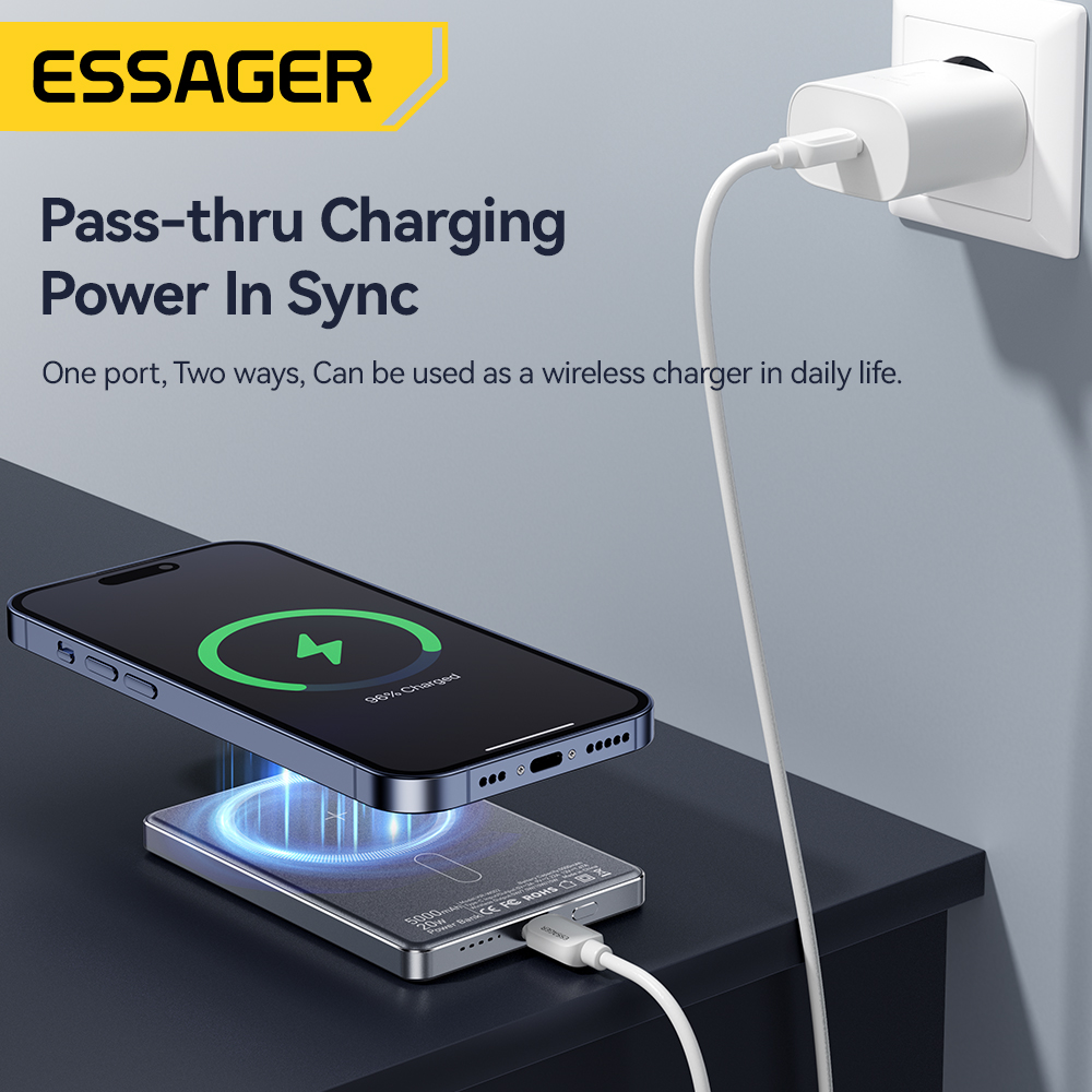 Тонкий беспроводной внешний аккумулятор Essager Power Bank, магнитный, 20 Вт, 5000 мАч, портативный внешний аккумулятор с быстрой зарядкой для Magsafe для iPhone 17 16 15 14