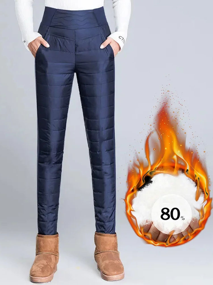 Pantalones de chándal cálidos de cintura alta para mujer, pantalones de algodón elásticos ajustados informales, ropa para la nieve, pantalones elegantes gruesos de retales clásicos para invierno