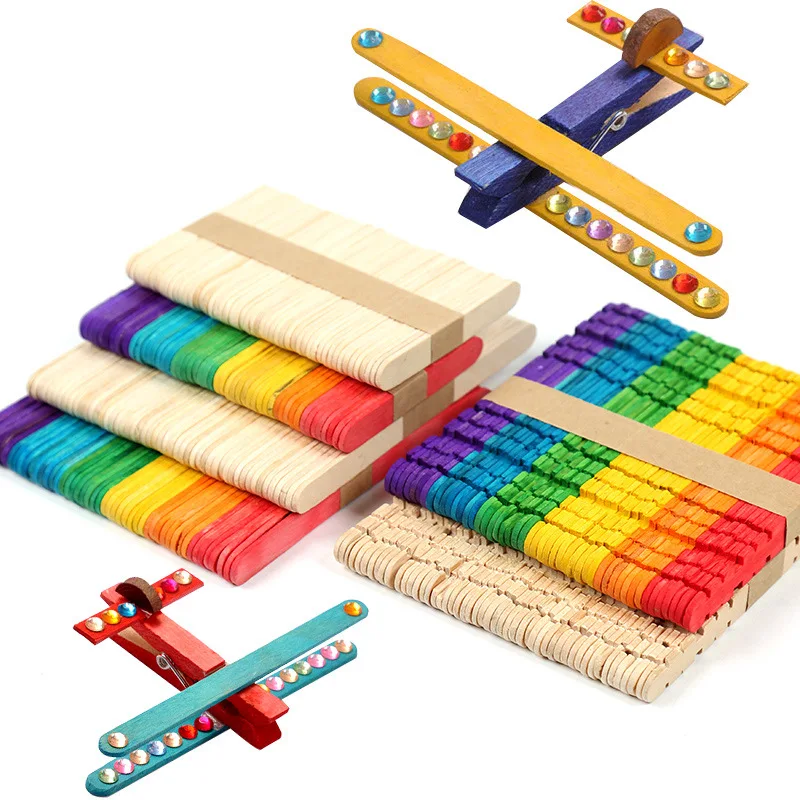 Arte criativa 50 pçs diy material artesanal varas de madeira criança artesanato palitos de sorvete brinquedo educativo colorido para presente infantil