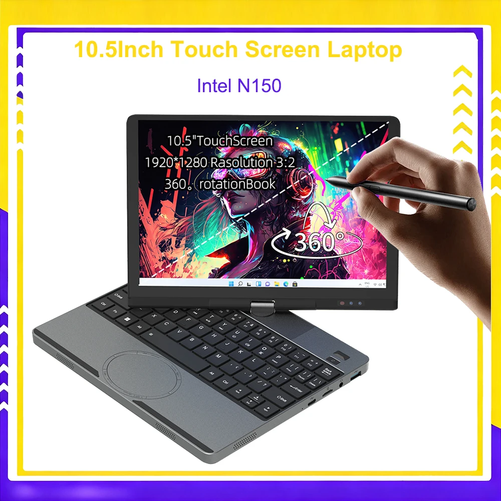10.5Inch Touch Screen Portable Laptop TP  Intel N150 MAX 32GB DDR4 2TB SSD Mini Office Notebook PC Full-function Type-C Port
