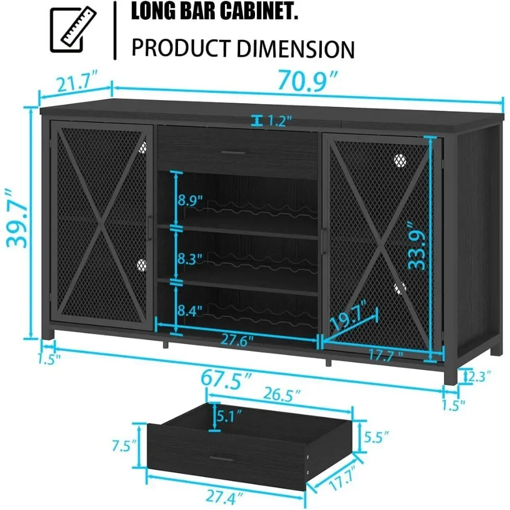Coffee Bar Cabinet with Fridge Space, Modern Wood Metal Large Wine Liquor Cabinet with Rack, Big Wide Sideboard Buffet