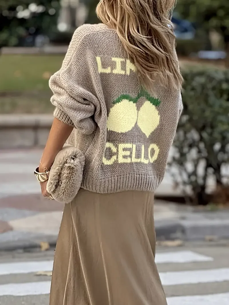 Moda feminina casual manga comprida botão camisola cardigan macio e confortável solto lanterna manga limão malha camisola