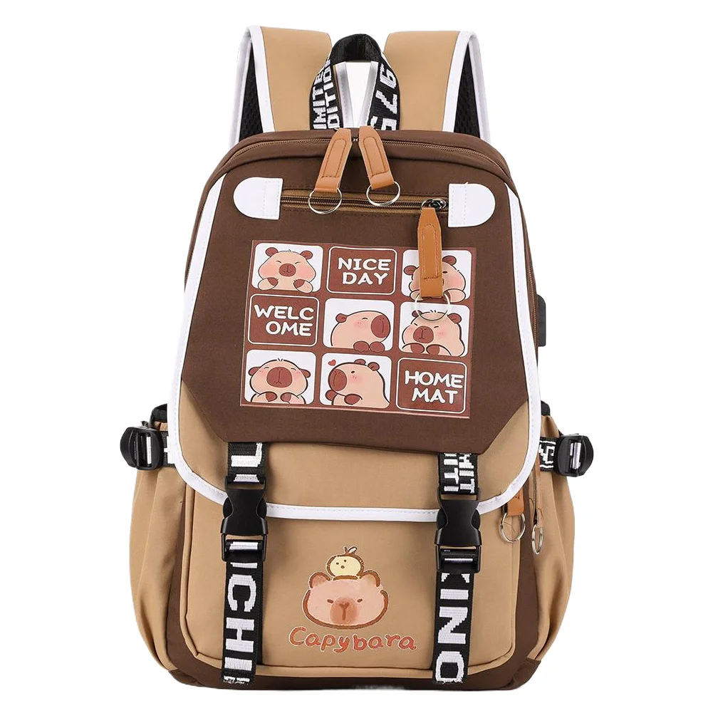 Mochila capivara de desenho animado com estojo de lápis, mochila estética fofa kawaii de grande capacidade, material de nylon, fecho com zíper