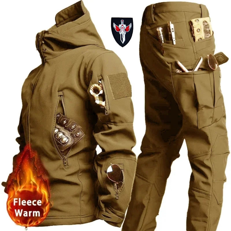 Tactische winterset Heren outdoor winddicht waterdicht pak Multi-pocket Soft Shell jassen met capuchon Sharkskin werkbroek