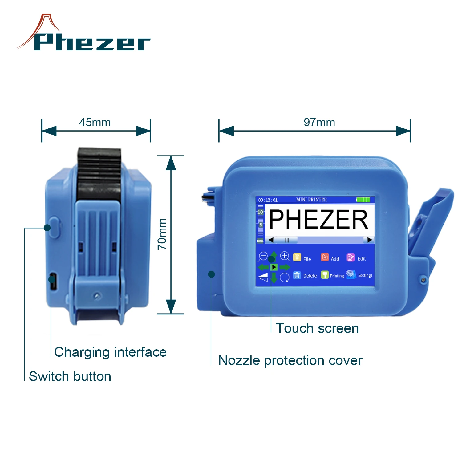 Мини-принтер Phezer PC13plus 12,7 мм, портативный принтер, QR-бар, код партии, дата, номер, логотип, портативный струйный принтер, этикетка