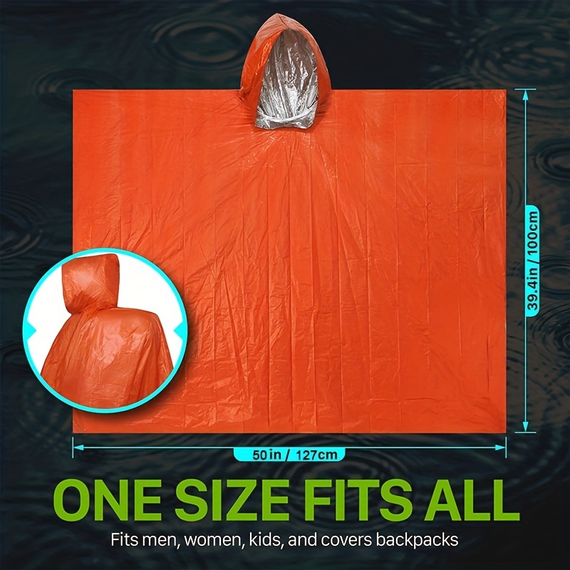 Poncho de chuva de emergência resistente com capuz, Cobertor térmico reutilizável para acampar e sobrevivência, Equipamento impermeável, Kits de emergência