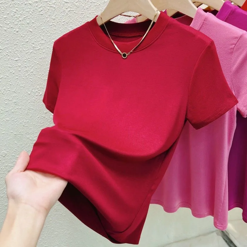 クルーネックファッション女性 Tシャツストリートカジュアル Tシャツ固体プラスサイズトップ Tシャツセクシーなスリム夏半袖婦人服