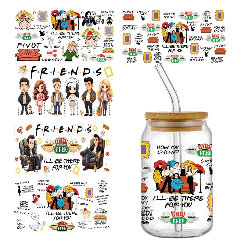 Pegatinas de transferencia de amigos, impermeables, UV, DTF, taza, pegatina envolvente, DIY, calcomanía 3D para vidrio Libbey de 16oz