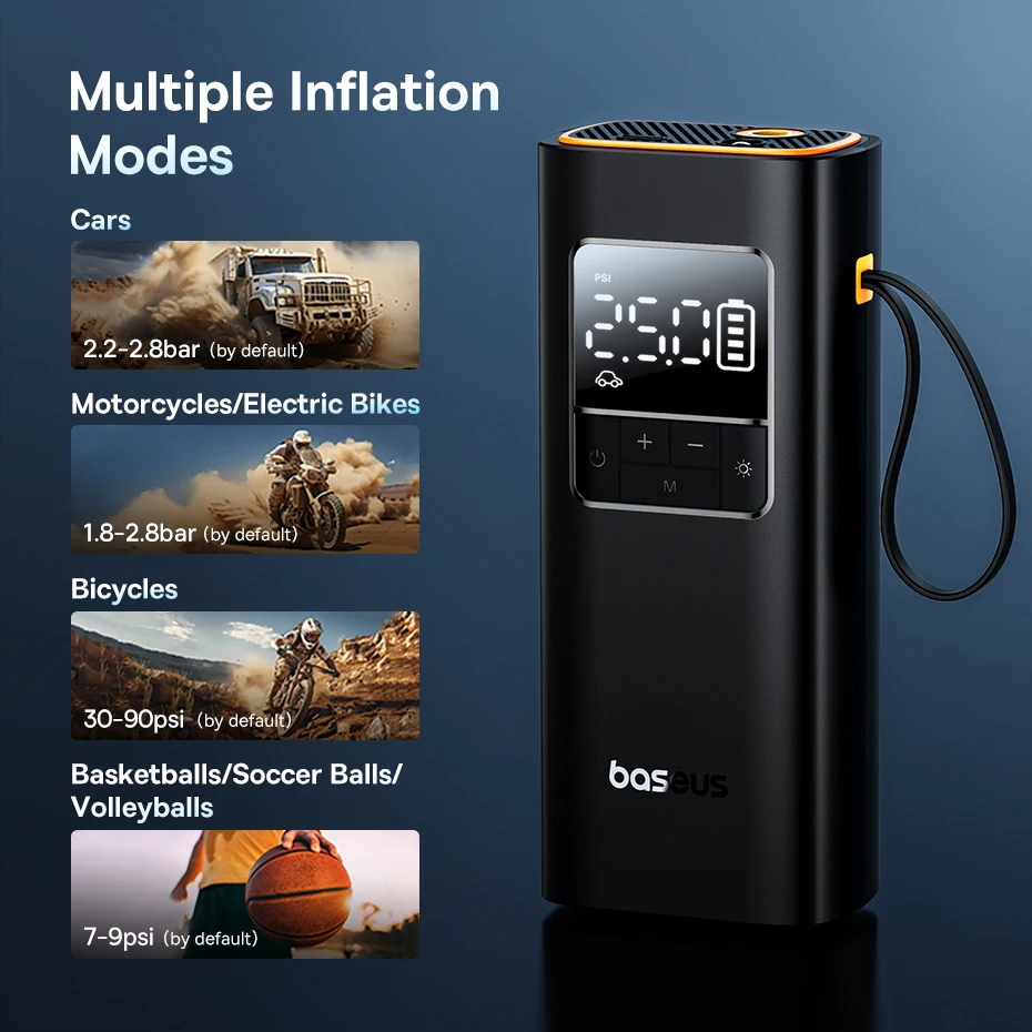 Baseus-bomba de aire inalámbrica para coche, compresor de aire portátil para coches, motocicletas, inflador de neumáticos eléctrico de bicicleta con pantalla Digital LCD