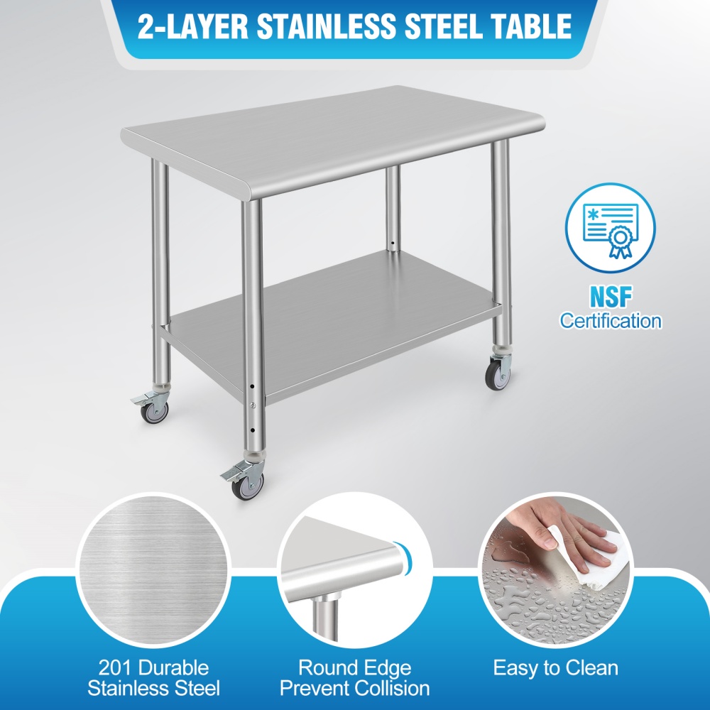 Stainless Steel Table for Prep & Work 36 x 24 x 35 Inches with Caster Wheels, NSF Commercial Heavy Duty Table for Home and Hotel