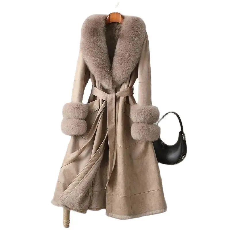Abrigo de invierno de imitación de piel de conejo para mujer, abrigo de un cuerpo sobre la rodilla, cuello de piel de zorro, abrigos ajustados para mujer