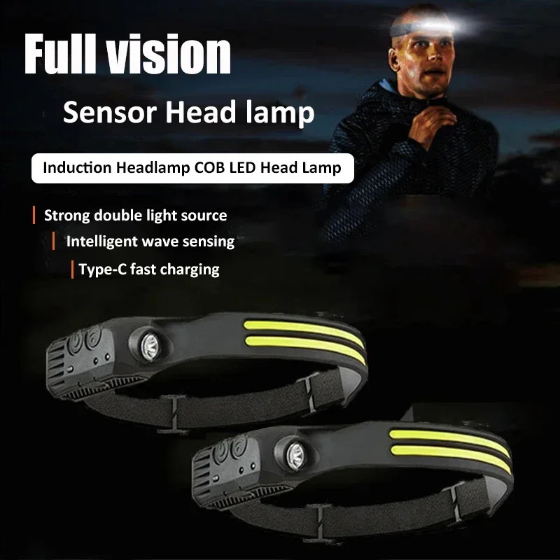 Linterna frontal LED recargable COB, luces frontales superbrillantes, 5 modos, con Sensor de movimiento para acampar al aire libre, deportes y pesca