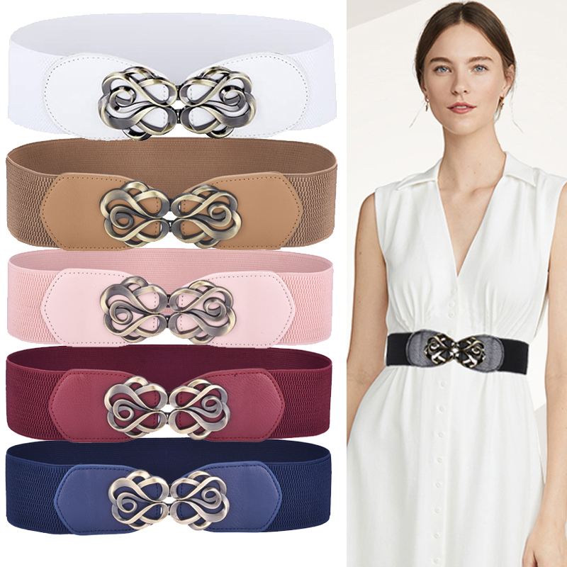 Cinturón de cuero Vintage para mujer, banda elástica estirada, hebilla Retro de latón, cinturón para mujer