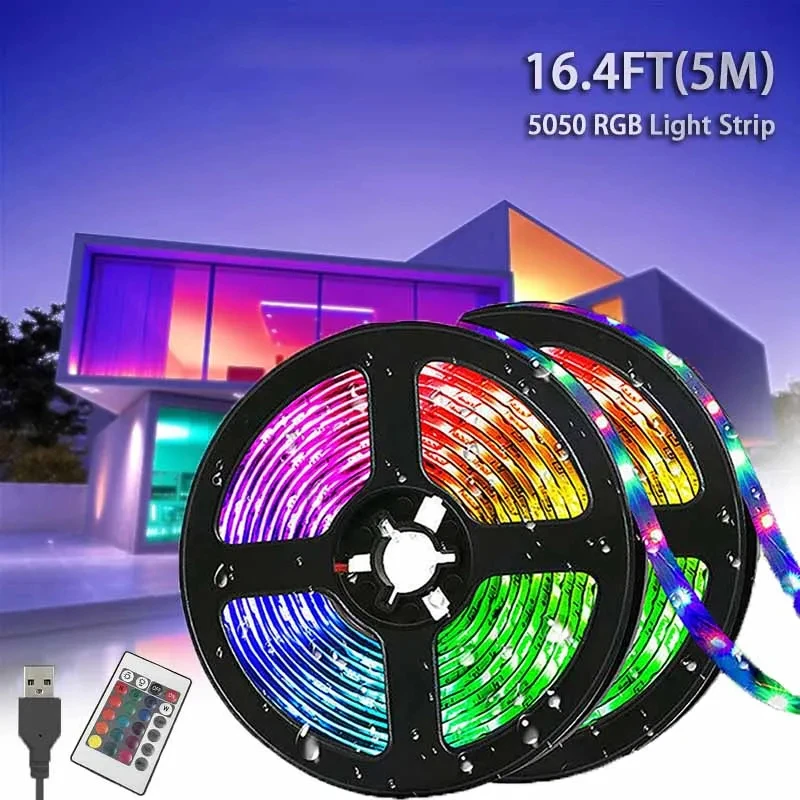 Tira de luces Led de 5M, enchufe USB, 24 teclas, 5050 Multicolor, RGB, TV, fondo, Bar, sala de juegos, decoración de fiesta familiar, luz nocturna