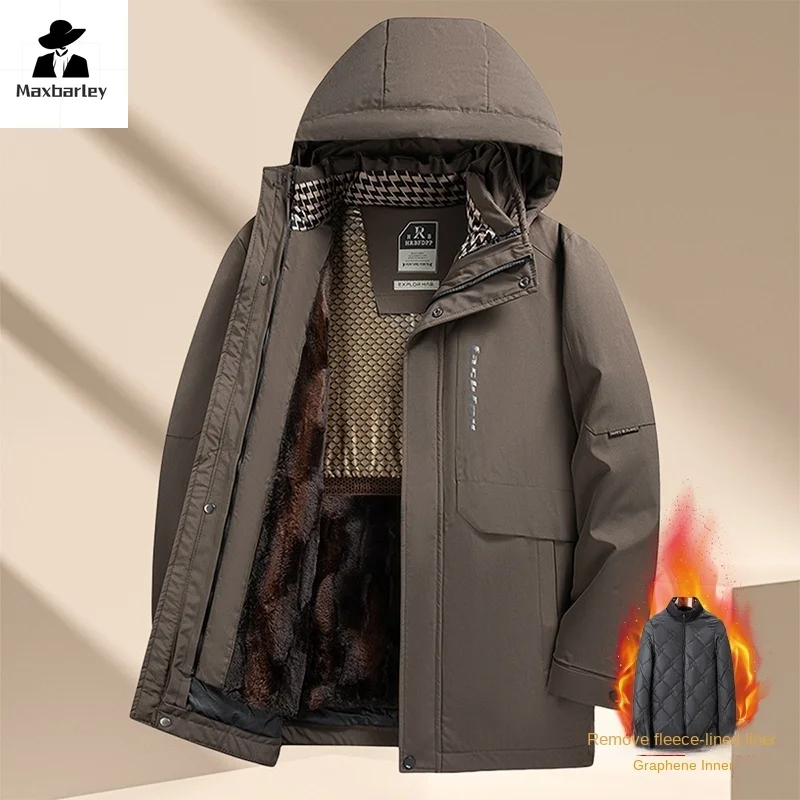 Herren-Winterjacke, modisch, dick, warm, 3-in-1, abnehmbarer Graphen-Innenfutter, Daunen-Baumwollmantel, Herren-Business-Mantel mit Kapuze, wasserdichter Parka
