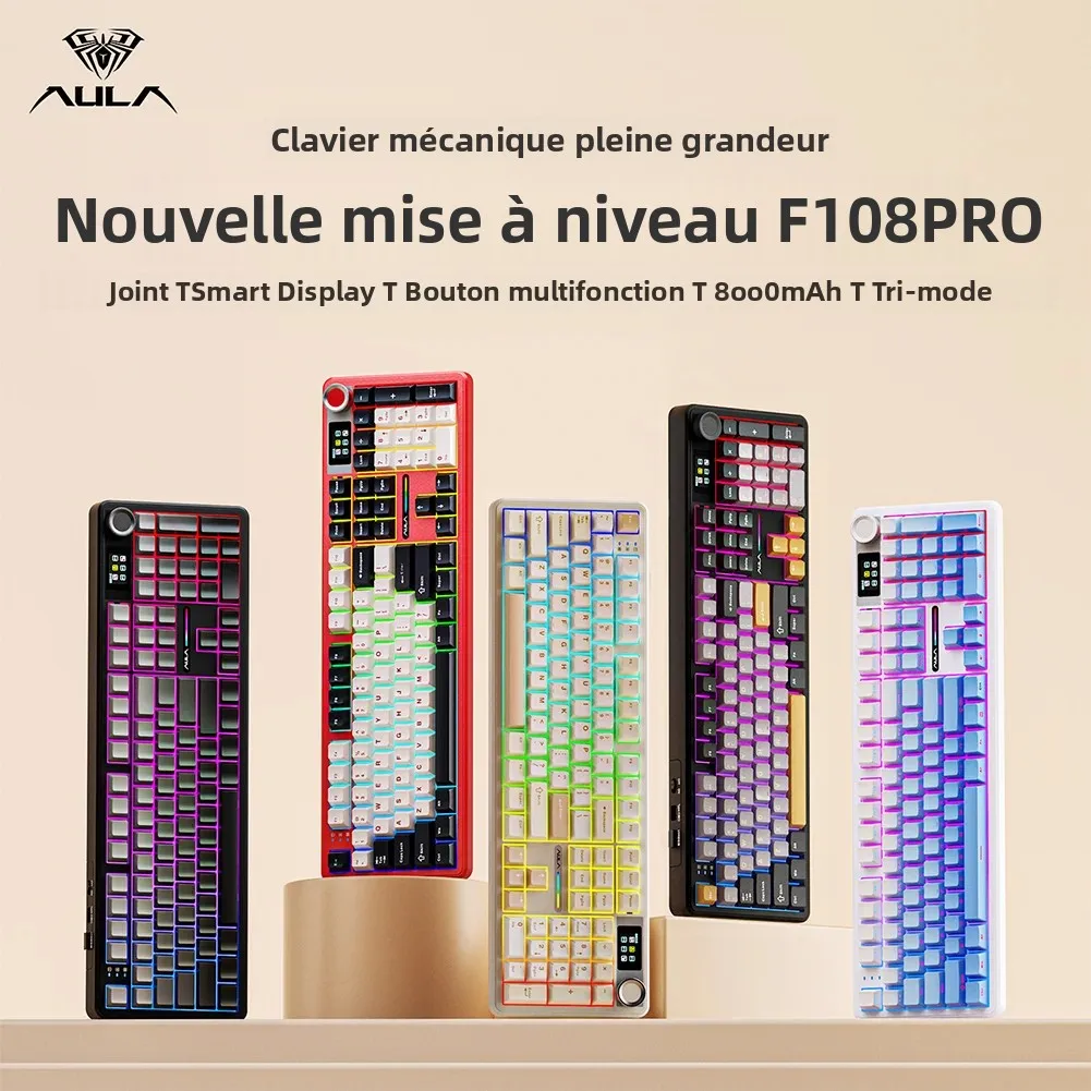 AULA F108 pro clavier Bluetooth sans fil clavier de jeu Macro joint clavier pleine taille échange à chaud avec affichage intelligent TFT
