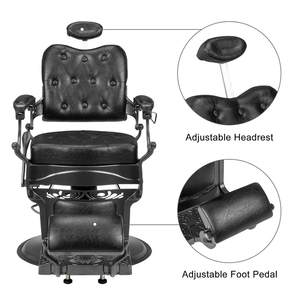 Heavy Duty Vintage Recline Barber Chair Hydraulic with Headrest, Supports up to 700lbs & 360°Rotatable, Professional Salon