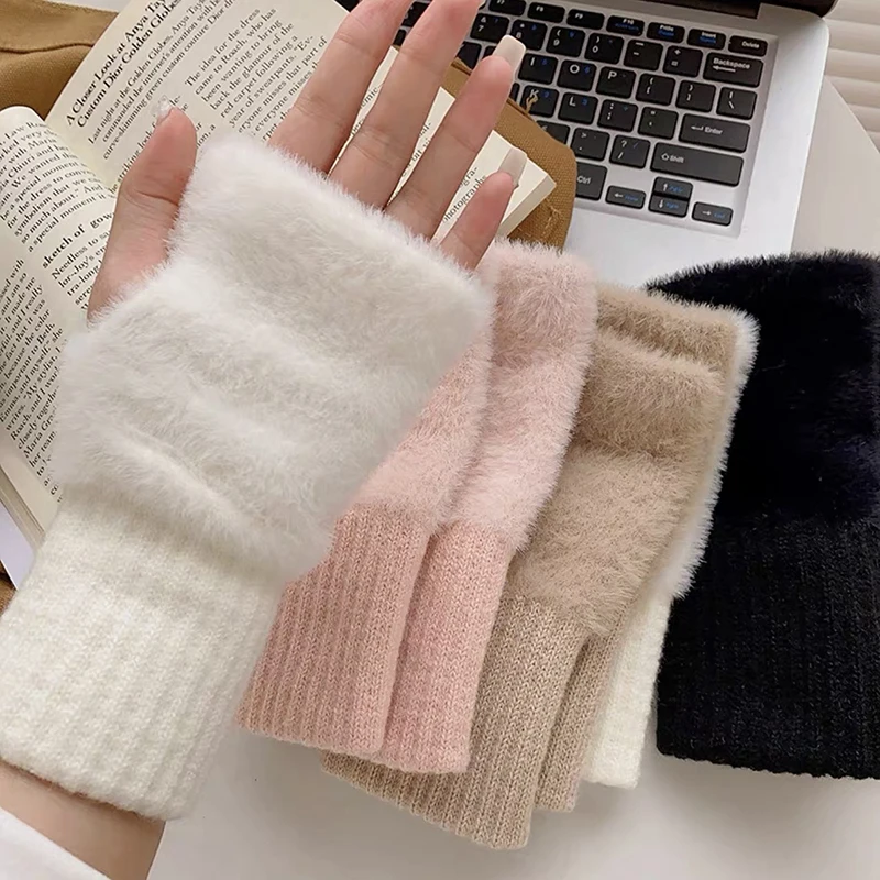 Autumn Winter Soft Mink Fleece Half Finger Gloves Women Plush Knitted Fingerless Gloves Wrist Mittens Driving Writting Gloves
