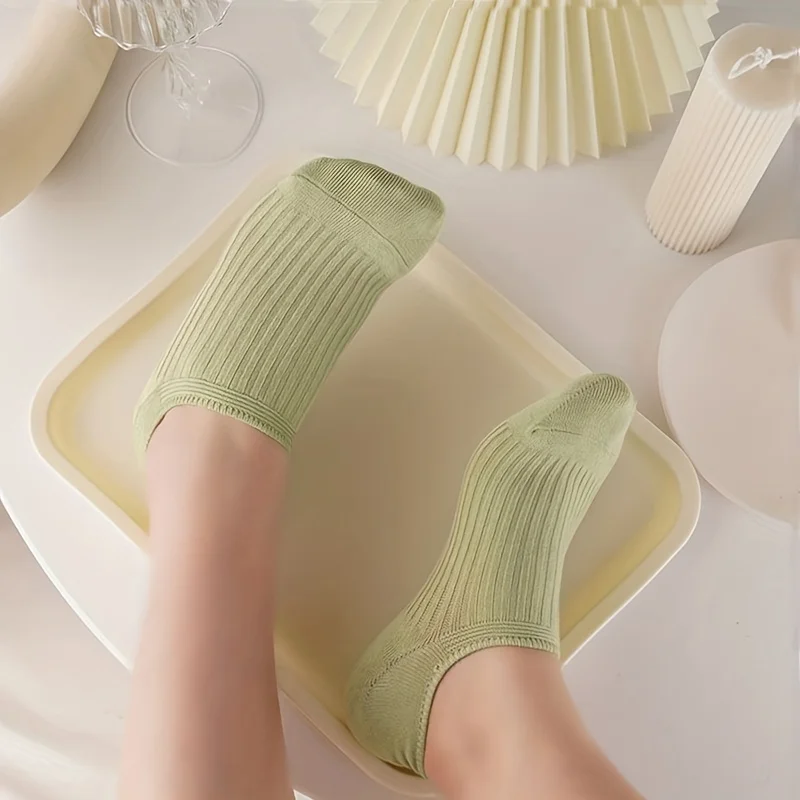 5 pares de calcetines cortos acanalados coloridos, calcetines tobilleros elásticos cómodos y transpirables, medias y calcetería para mujer