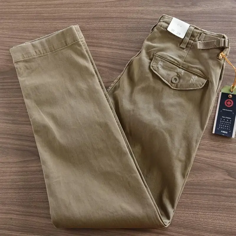 Pantalones de pierna recta con herramientas pesadas, pantalones largos coreanos Ami Kaji de algodón puro para hombre, pantalones casuales con agujeros desgastados, pantalones vaqueros de algodón para hombre