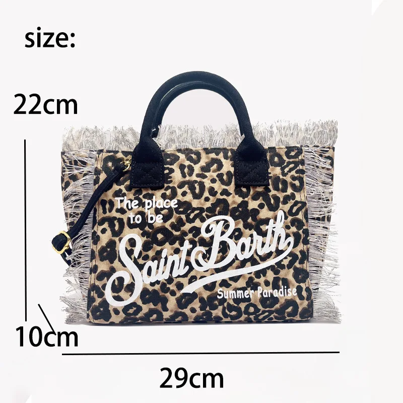 San beth nova feminina grande capacidade lazer viagem leopardo padrão pequena lona artesanal borla bolsa sacola mamãe