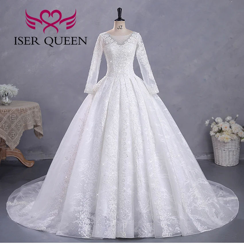 Abiti da sposa personalizzati con abito da ballo ricamato in pizzo grazioso 2025 maniche lunghe con lacci sul retro abito da sposa di lusso per le donne WX0423