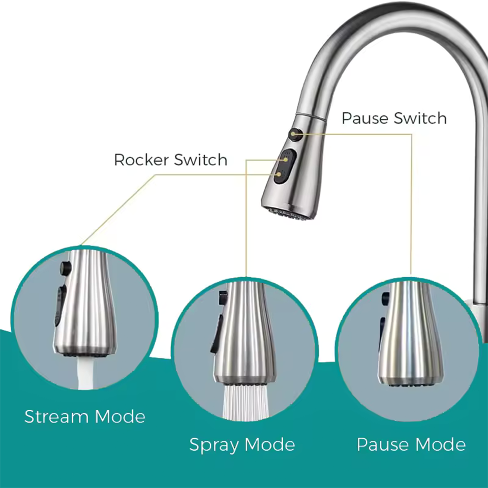 Kitchen Brushed Hot and Cold Faucet, Kitchen Sink Pull-out Kitchen Faucet with 3 Functional Nozzles