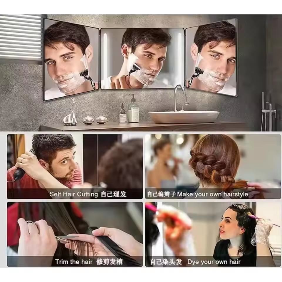 Specchio LED a tre ante Specchio per trucco con taglio di capelli automatico con luce regolabile in altezza Specchio per taglio di capelli a 3 vie Specchio a 3 vie in vetro HD