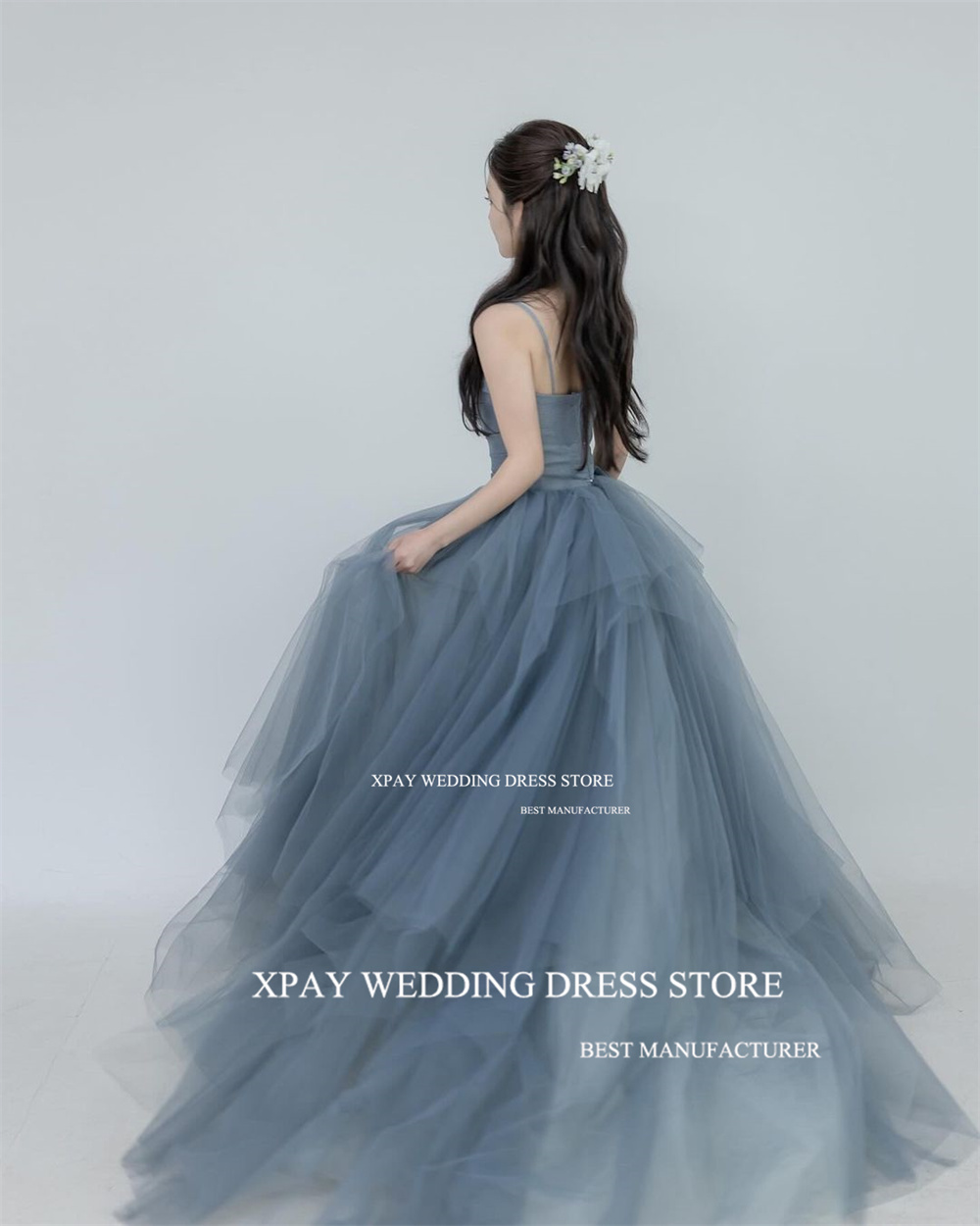 XPAY Dusty Blue Corea Una linea Abiti da sera Servizio fotografico Ruffles A strati Fata Tulle Abito da sera Corsetto personalizzato Abito da ballo