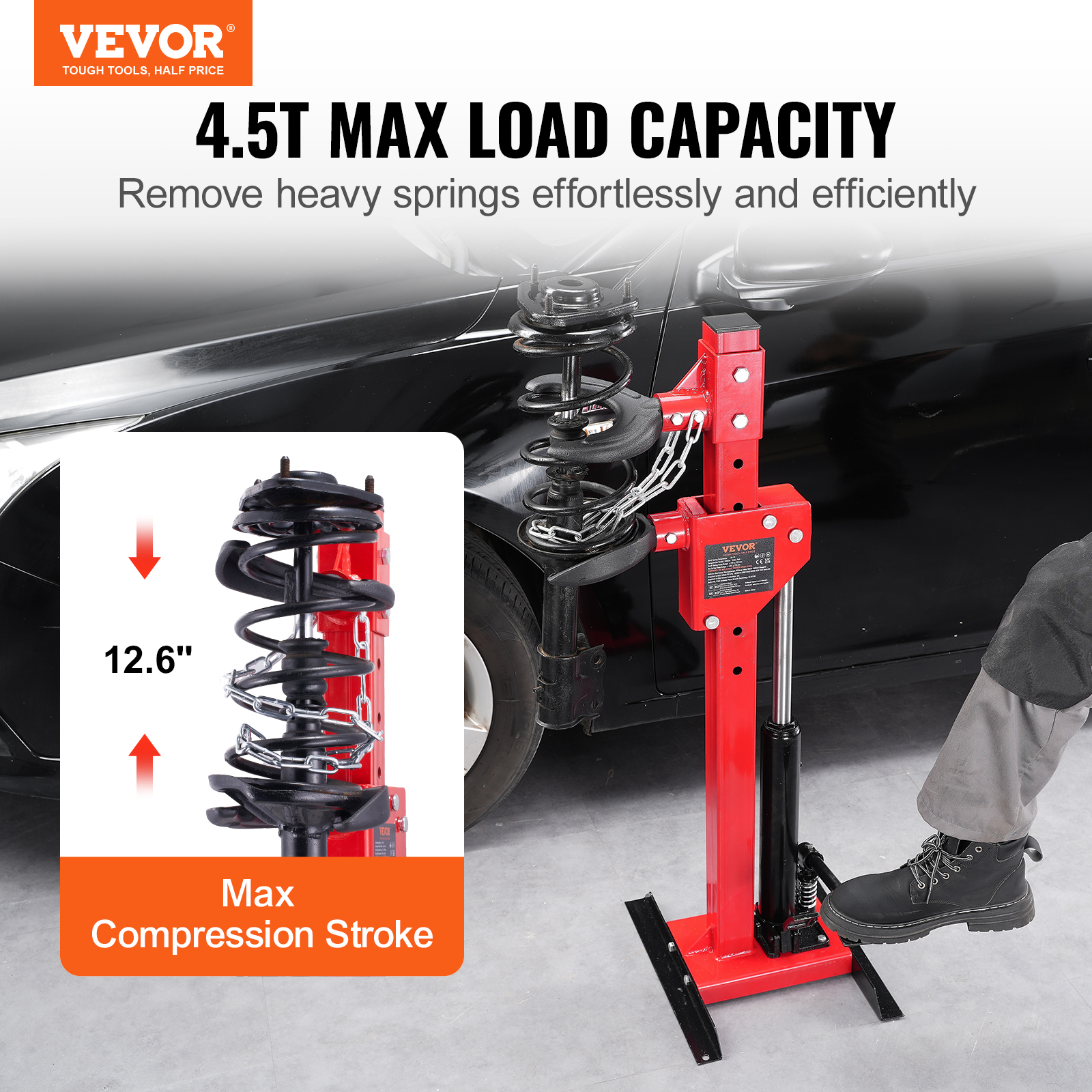 VEVOR Kit Compresseur Ressort Amortisseur pour Voiture Force de Compression 1 T Course 320 mm Tendeur de Ressort Vérin Hydraulique 4,5 T Opération à Pied pour Démonter Ressorts de Suspension Auto SUV