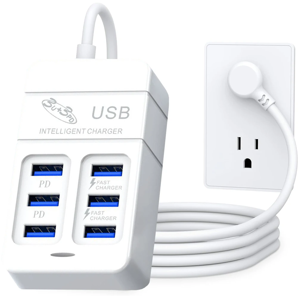 Cargadores de pared de carga rápida PD, adaptador de concentrador USB, 6 puertos USB tipo C, ranura para enchufe UE EE. UU., toma de corriente de extensión de carga