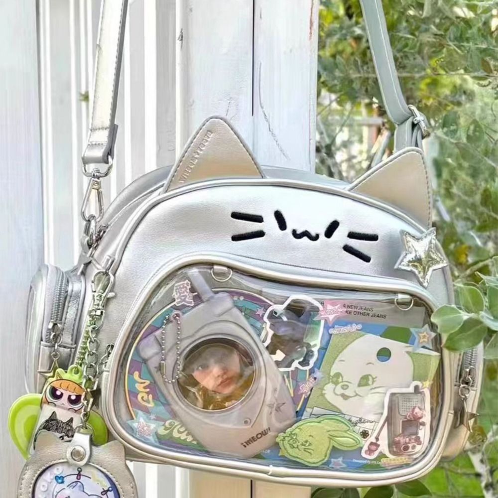 Y2K-Bolso cruzado de PU con estampado de gato Kawaii para mujer, morral de hombro con bolsillo transparente, estilo coreano, japonés, a la moda