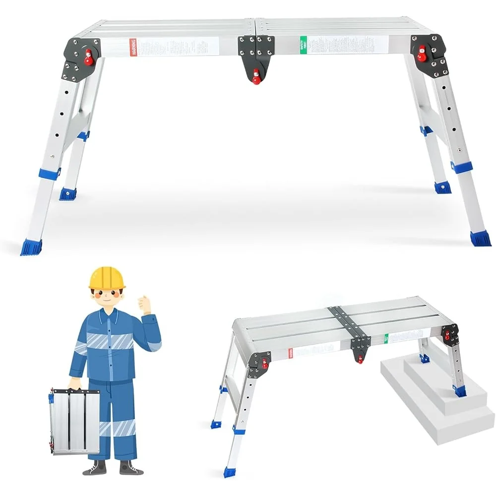 Adjustable Height Work Platform 43 inch Aluminum Step Stool One Touch Automatic Folding Portable Compact Ladder 330 lbs Capacity
