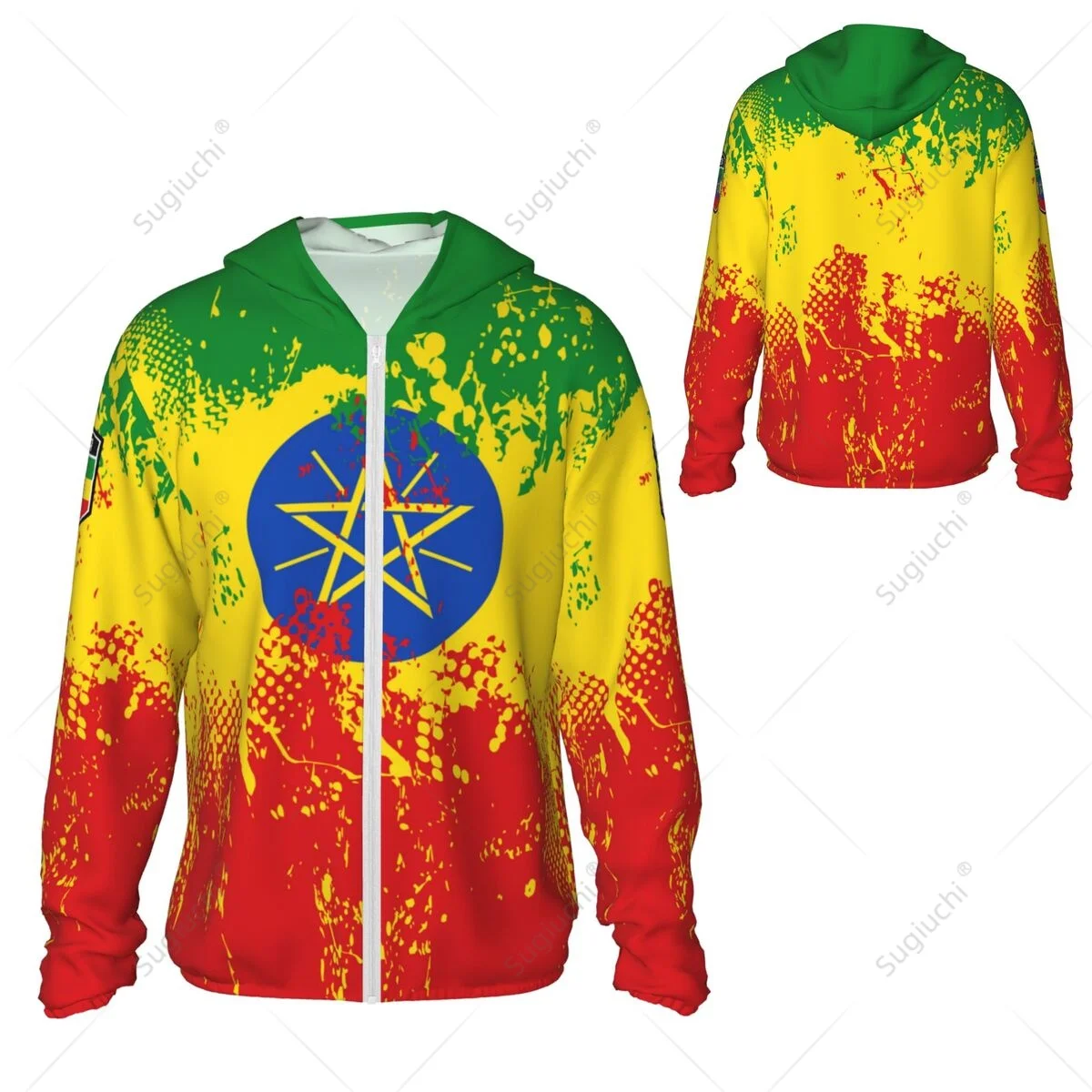 Äthiopien-Flagge, Sonnenschutz, Kapuzenpullover, Sonnenschutz, Kleidung, Angeln, Radfahren, Laufen, schnell trocknend, langärmlig, mit Reißverschluss, Polyester