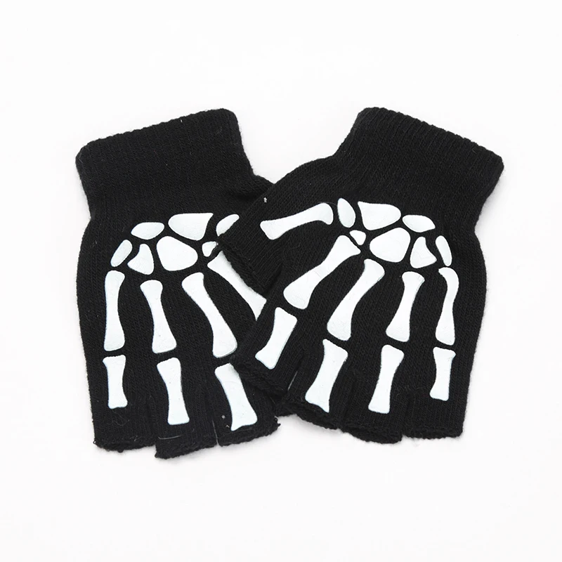 Neue Erwachsene Kinder Halloween Skelett Schädel Halbfinger Leuchtende Punk Handschuhe Winter Schädel Fingerlose Schwarz Fäustling