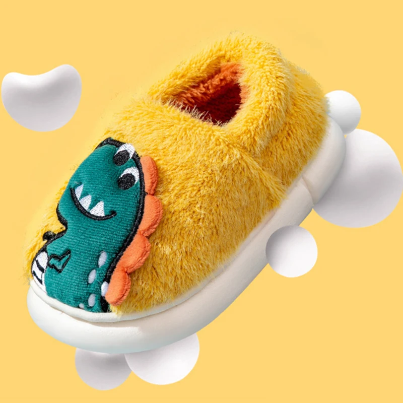 เด็กการ์ตูนไดโนเสาร์เย็บปักถักร้อยรองเท้าแตะ Plush Soft Sole Non-SLIP ฤดูหนาว WARM ชายหญิงในร่มบ้าน Heel Wrap รองเท้าผ้าฝ้าย