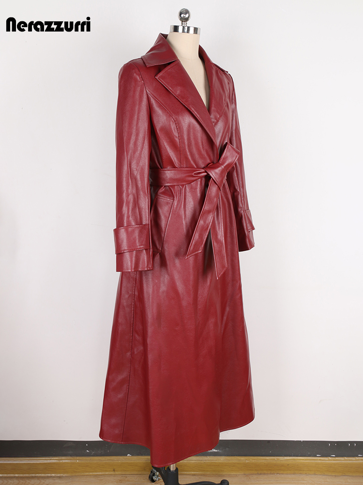 Nerazzurri 春秋フィットロング Pu レザートレンチコート女性のためのサッシシングルブレストエレガントシックな高級服 2024